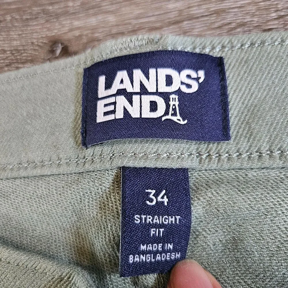 Lands End Chino Pants Mens 34 Straight Fit Green Cotton Viscose Blend Stretch